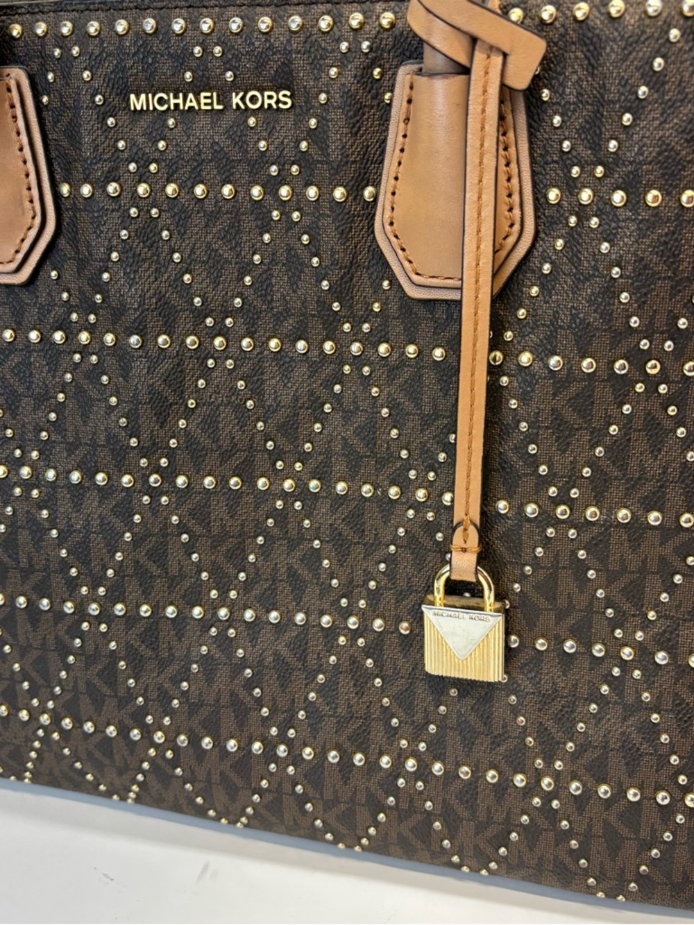 Michael Kors Logo Leather Mercer Stud & Grommet LG Tote Bag Purse Brown MK - Picture 3 of 8